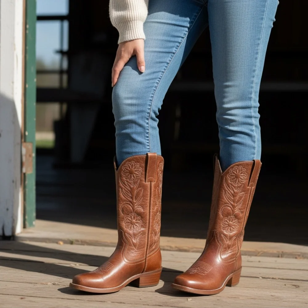 RARE 1960s Frye Vintage Embroider Brown Campus Western Cowboy Floral Stitch Boot